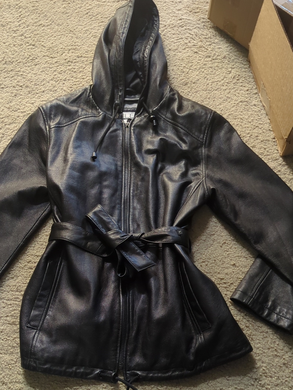 Wilson Black Leather Hooded Belted Jacket